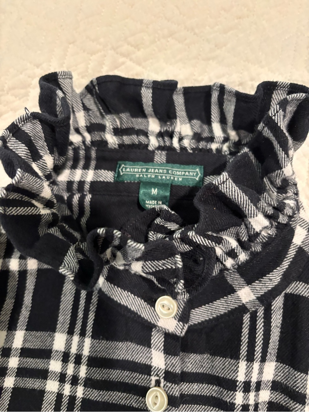 Ralph Lauren Black and White Plaid Ruffle-Neck Button Down Shirt